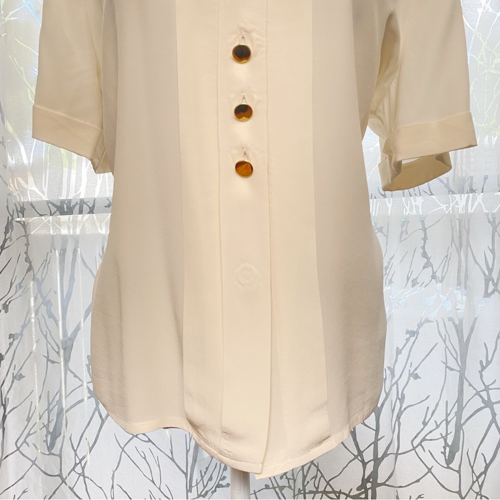 VINTAGE OLEG CASSINI cream beige silk crewneck button up short sleeve blouse top - Picture 5 of 11